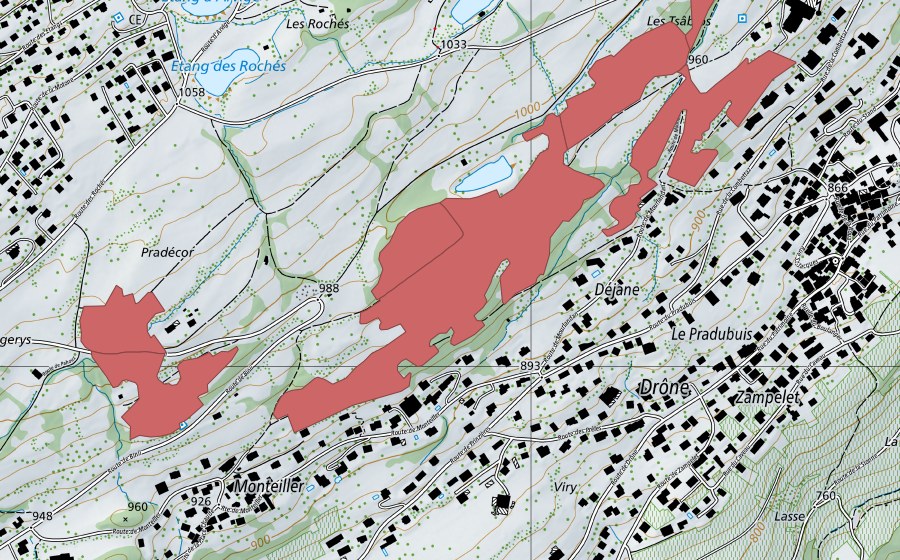 Carte nationale swisstopo avec le périmètre protégé de Monteiller (Prairie sèche)