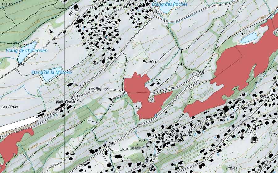 swisstopo national map showing the protected perimeter of Monteiller (Dry meadow)