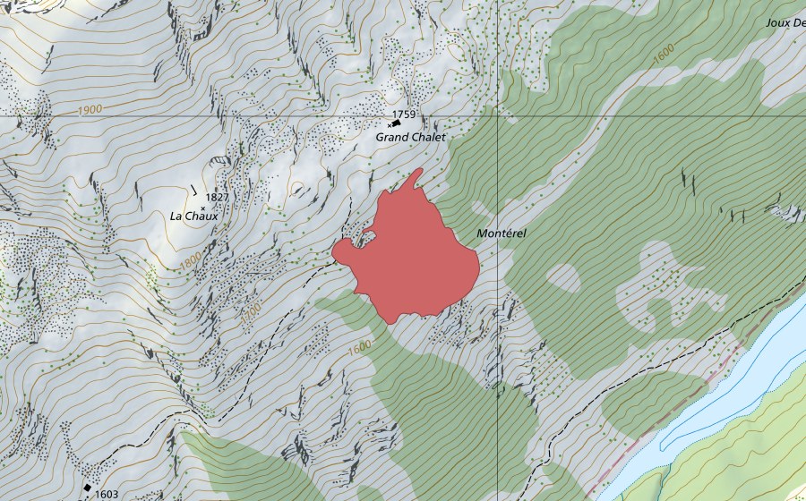 Landeskarte swisstopo mit dem Schutzperimeter von Montérel (Trockenwiese)