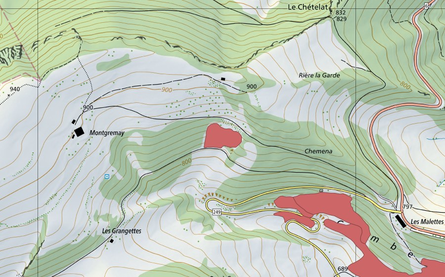 Landeskarte swisstopo mit dem Schutzperimeter von Montgremay (Trockenwiese)