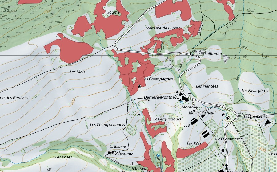 Carte nationale swisstopo avec le périmètre protégé de Monthey du Haut (Prairie sèche)