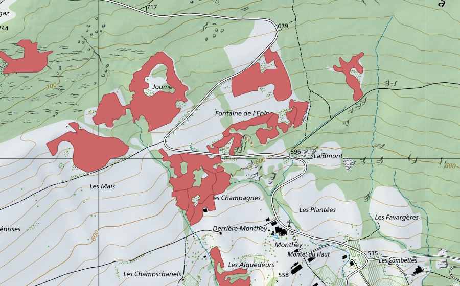 Carte nationale swisstopo avec le périmètre protégé de Monthey du Haut (Prairie sèche)
