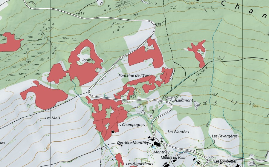 swisstopo national map showing the protected perimeter of Monthey du Haut (Dry meadow)