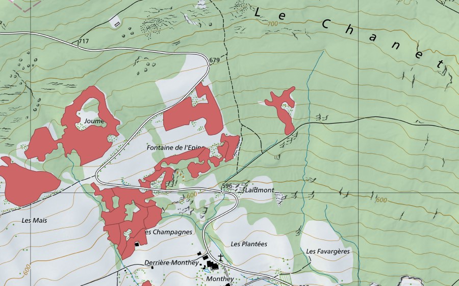 swisstopo national map showing the protected perimeter of Monthey du Haut (Dry meadow)