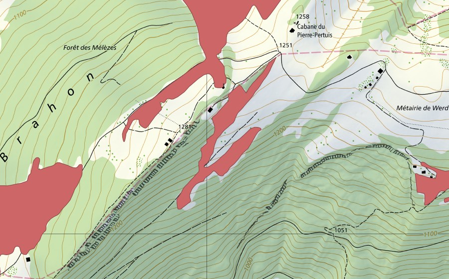 Landeskarte swisstopo mit dem Schutzperimeter von Montoz (Trockenwiese)