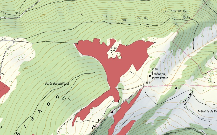 Carte nationale swisstopo avec le périmètre protégé de Montoz (Prairie sèche)