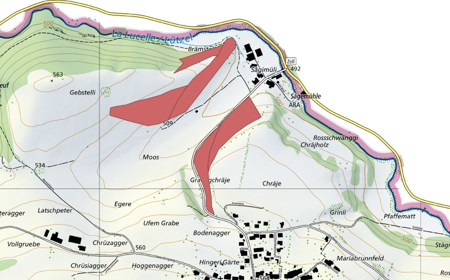 Landeskarte swisstopo mit dem Schutzperimeter von Moos (Trockenwiese)