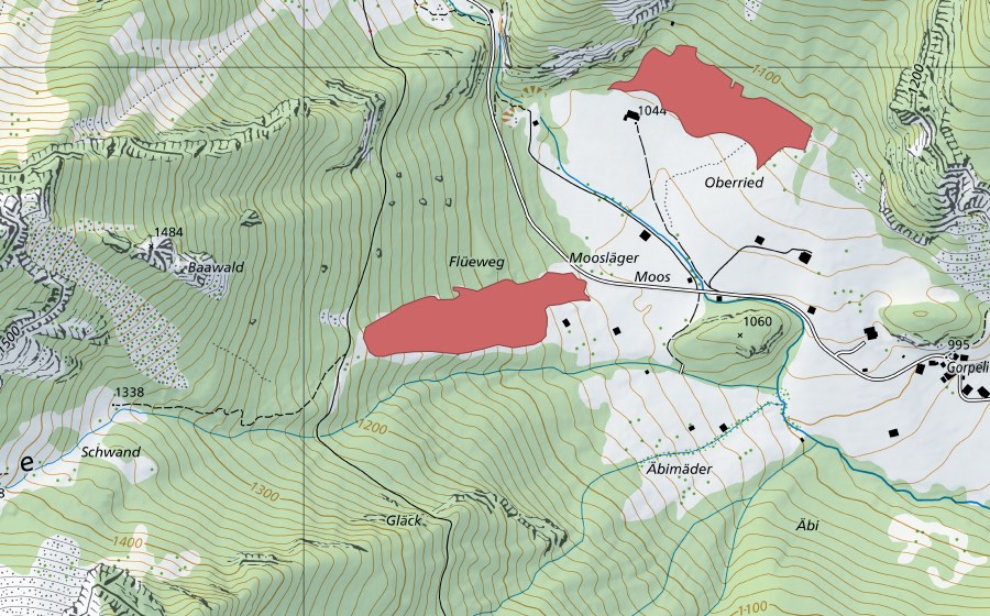 Carte nationale swisstopo avec le périmètre protégé de Moosläger (Prairie sèche)