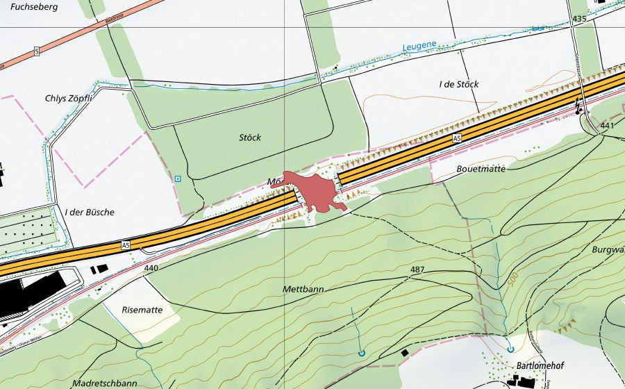 Carte nationale swisstopo avec le périmètre protégé de Möösli (Prairie sèche)