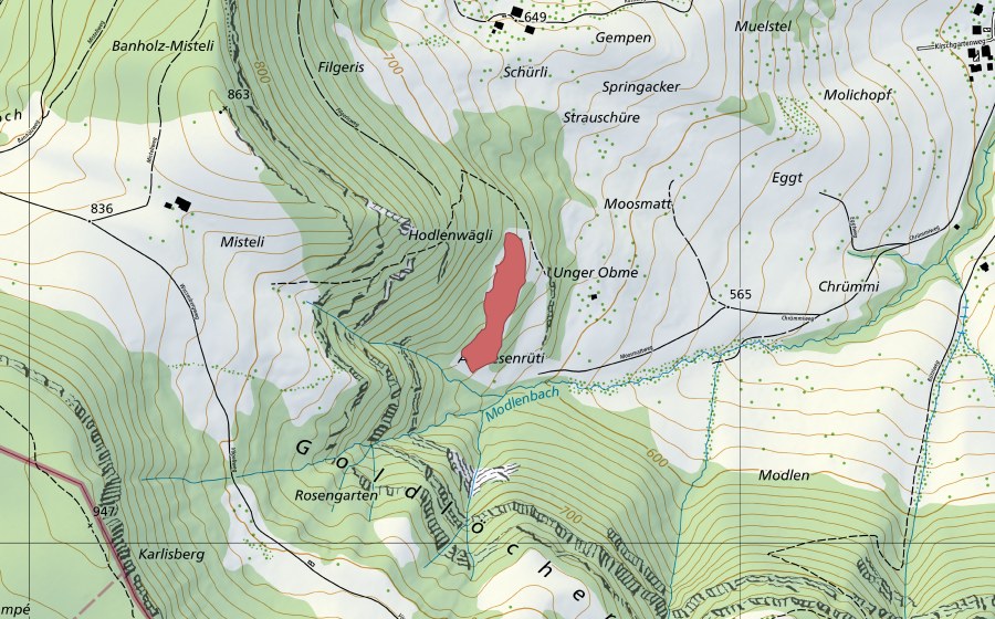 Carte nationale swisstopo avec le périmètre protégé de Moosmatt (Prairie sèche)