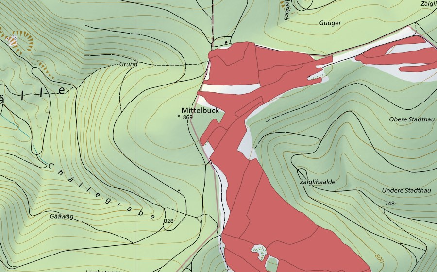 Carte nationale swisstopo avec le périmètre protégé de Mösli (Prairie sèche)