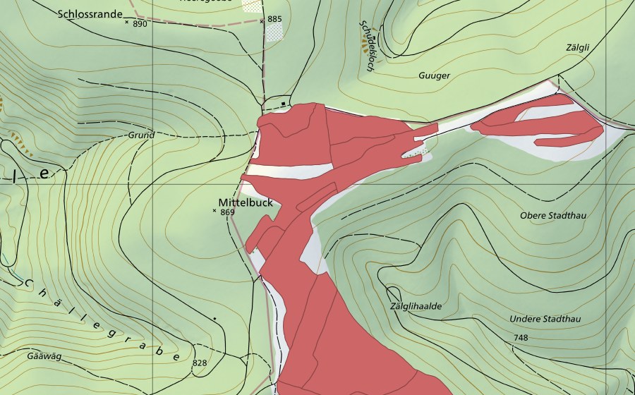 Carte nationale swisstopo avec le périmètre protégé de Mösli (Prairie sèche)