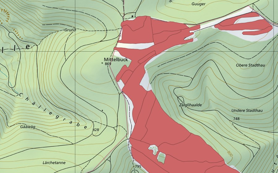 Carte nationale swisstopo avec le périmètre protégé de Mösli (Prairie sèche)