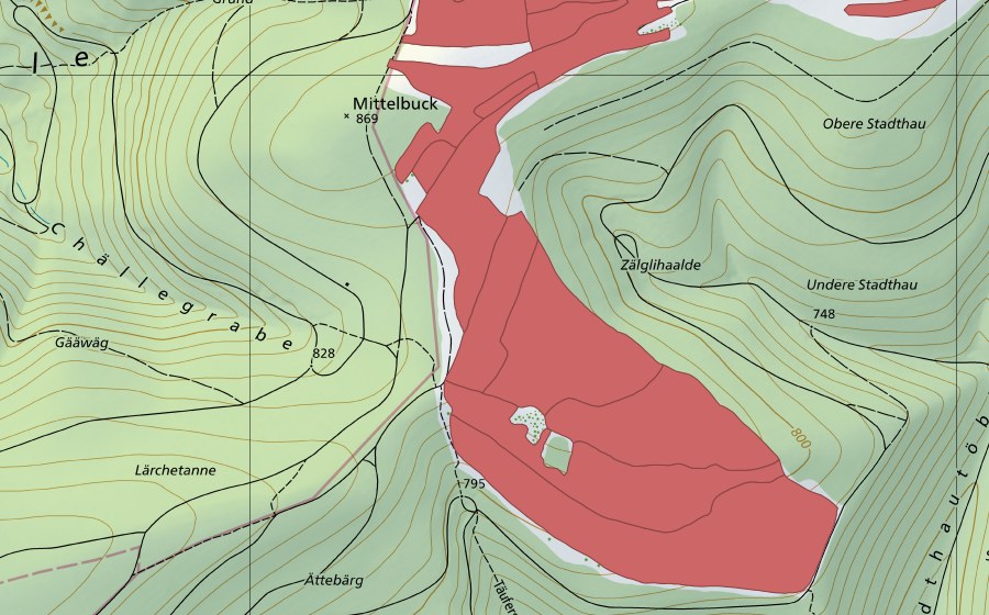 Carte nationale swisstopo avec le périmètre protégé de Mösli (Prairie sèche)