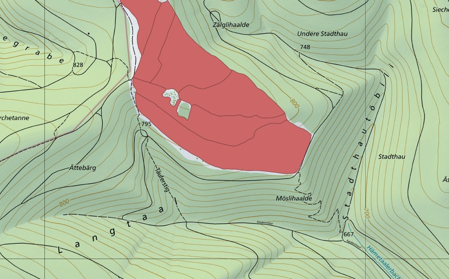 Landeskarte swisstopo mit dem Schutzperimeter von Mösli (Trockenwiese)