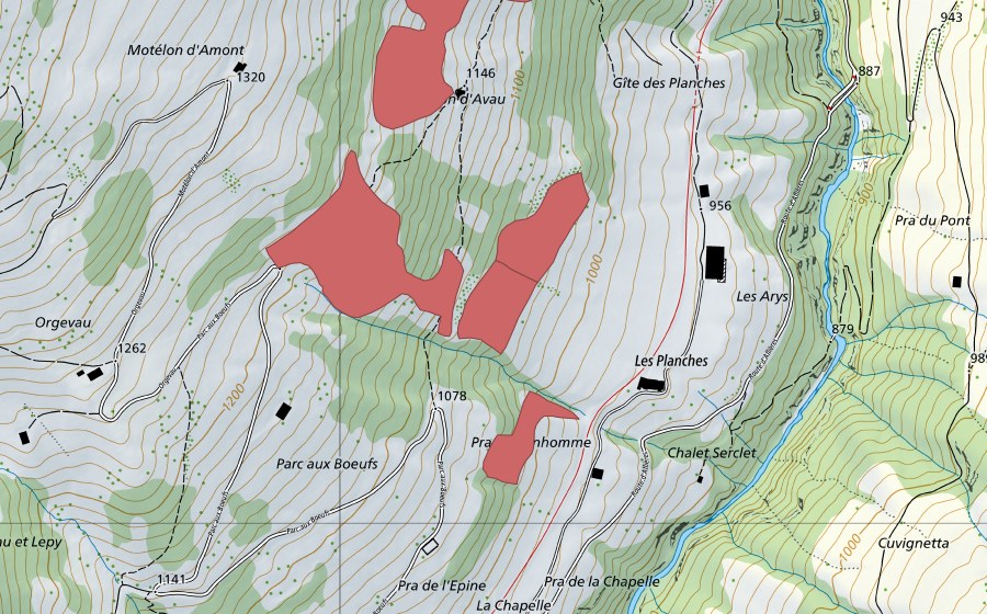 Carte nationale swisstopo avec le périmètre protégé de Motélon d'Avau (Prairie sèche)