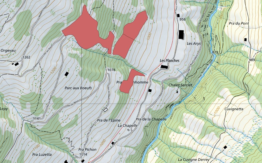 Landeskarte swisstopo mit dem Schutzperimeter von Motélon d'Avau (Trockenwiese)