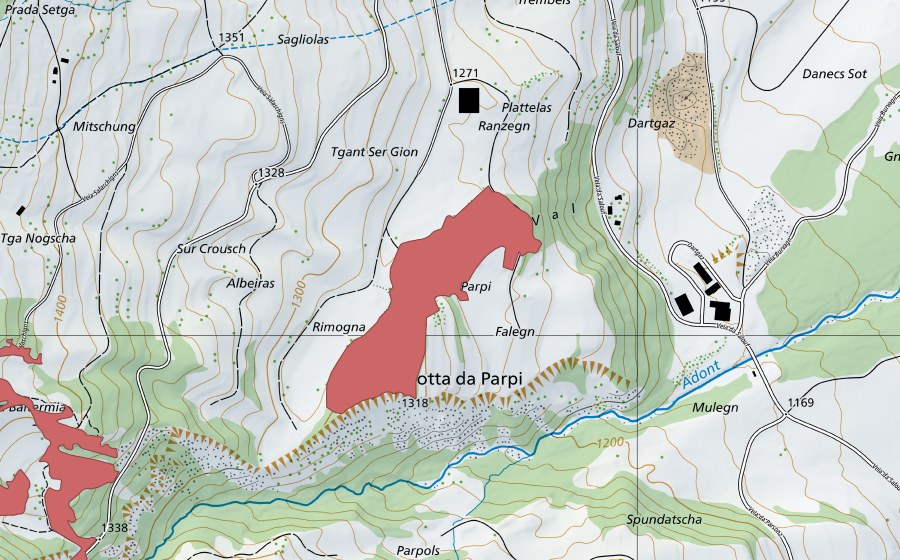 swisstopo national map showing the protected perimeter of Motta da Parpi (Dry meadow)
