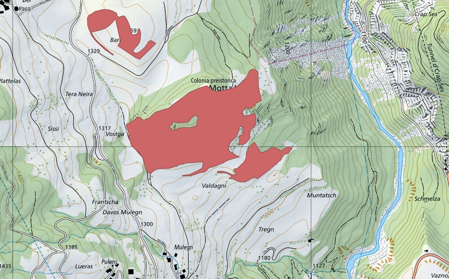 swisstopo national map showing the protected perimeter of Motta Vallac (Dry meadow)
