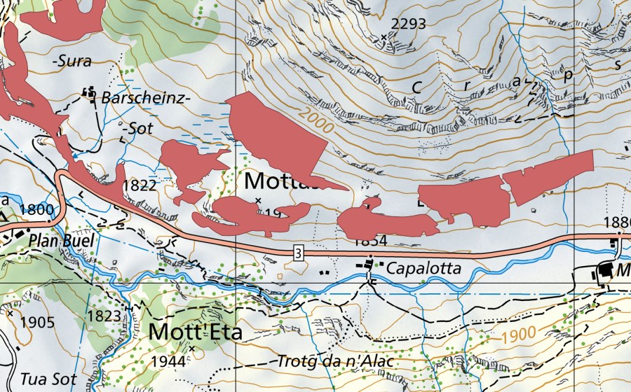 Carte nationale swisstopo avec le périmètre protégé de Mottas (Prairie sèche)
