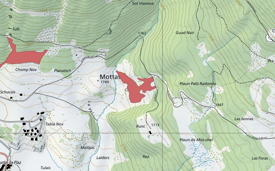 swisstopo national map showing the protected perimeter of Mottas (Dry meadow)