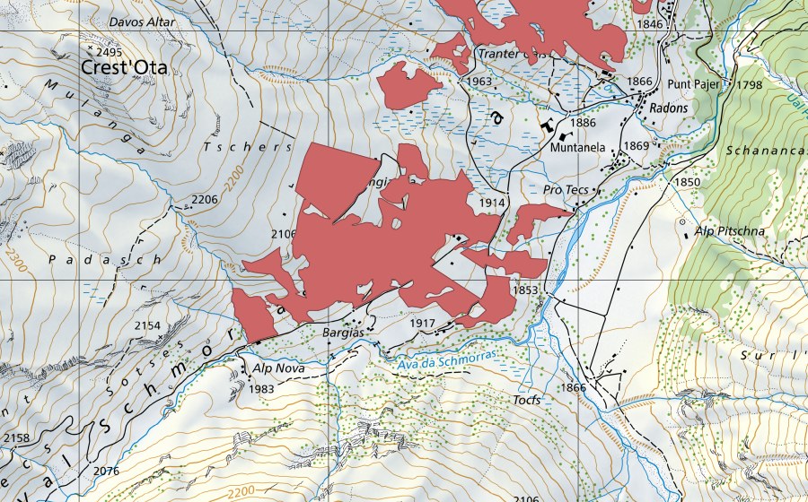 Carte nationale swisstopo avec le périmètre protégé de Mottign (Prairie sèche)