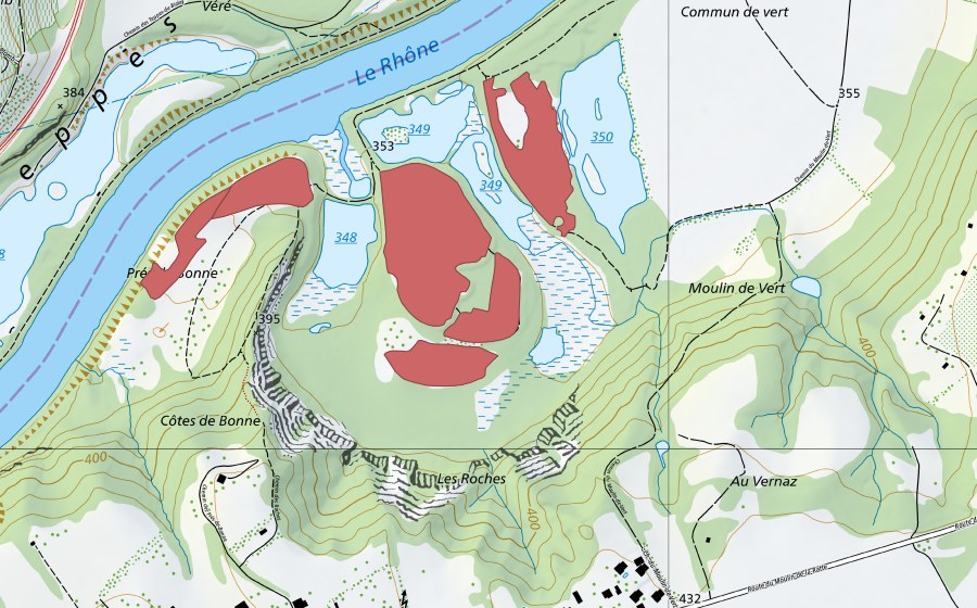 swisstopo national map showing the protected perimeter of Moulin de Vert (Dry meadow)