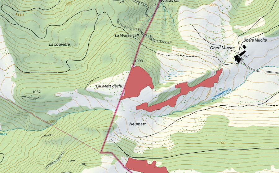 Carte nationale swisstopo avec le périmètre protégé de Muelte (Prairie sèche)
