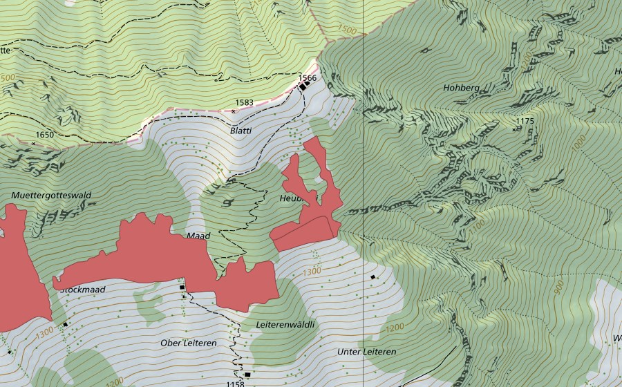 Landeskarte swisstopo mit dem Schutzperimeter von Muetergotteswald (Trockenwiese)