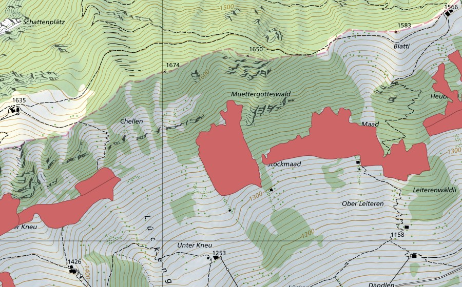 Landeskarte swisstopo mit dem Schutzperimeter von Muetergotteswald (Trockenwiese)