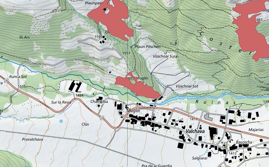 Carte nationale swisstopo avec le périmètre protégé de Muglin (Prairie sèche)