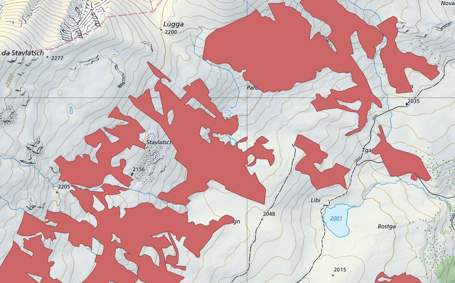 swisstopo national map showing the protected perimeter of Mulagn (Dry meadow)