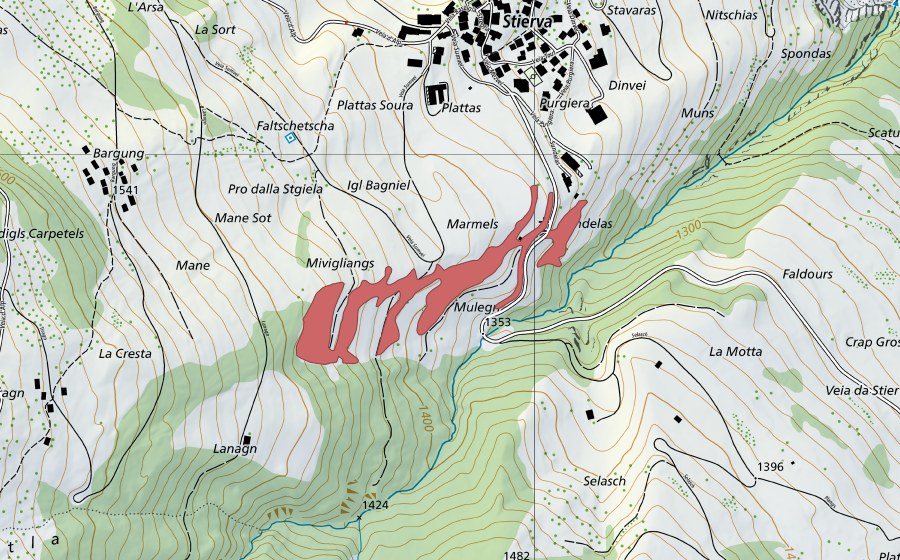 Landeskarte swisstopo mit dem Schutzperimeter von Mulegn (Trockenwiese)