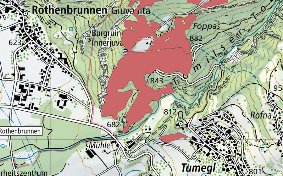 Carte nationale swisstopo avec le périmètre protégé de Mulegns (Prairie sèche)