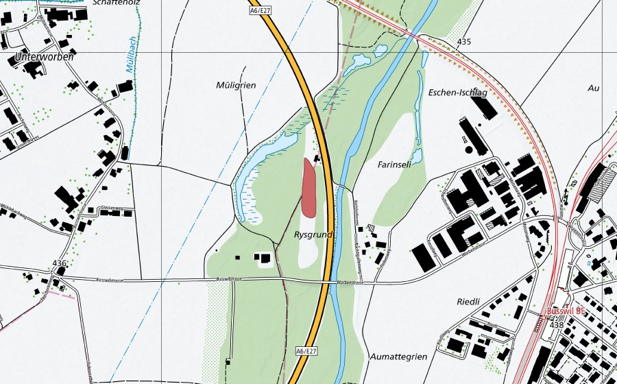 Landeskarte swisstopo mit dem Schutzperimeter von Müligrien (Trockenwiese)