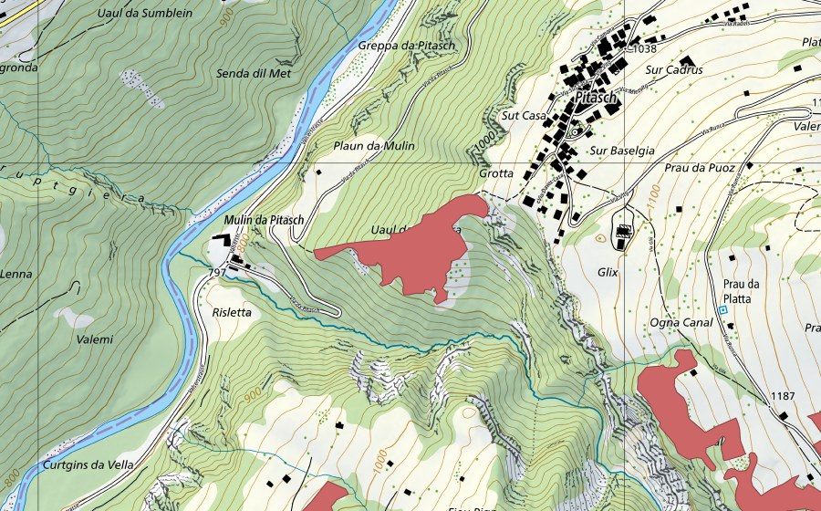 Carte nationale swisstopo avec le périmètre protégé de Mulin da Pitasch (Prairie sèche)