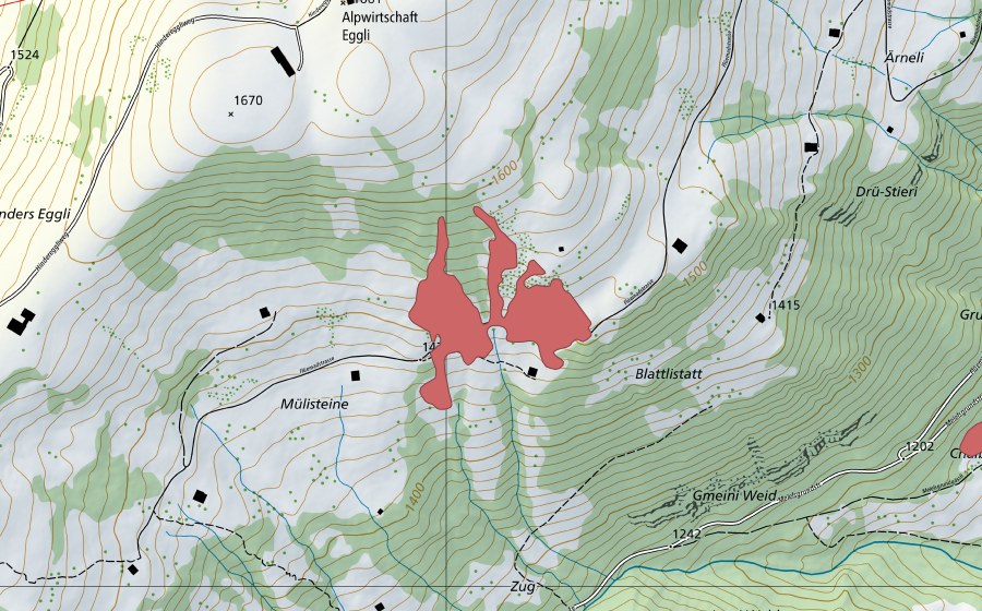 Landeskarte swisstopo mit dem Schutzperimeter von Mülisteine (Trockenwiese)