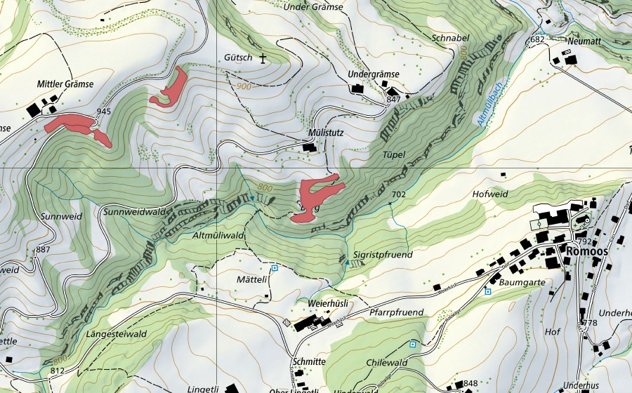 Carte nationale swisstopo avec le périmètre protégé de Mülistutz (Prairie sèche)
