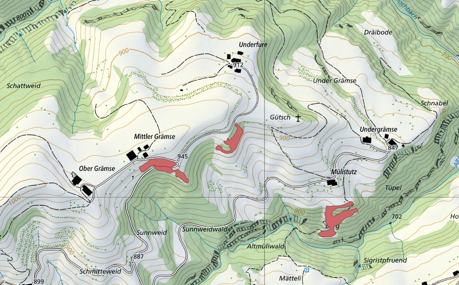 Carte nationale swisstopo avec le périmètre protégé de Mülistutz (Prairie sèche)