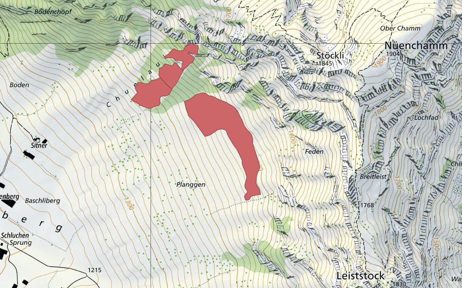 Carte nationale swisstopo avec le périmètre protégé de Mullerenplanggen (Prairie sèche)