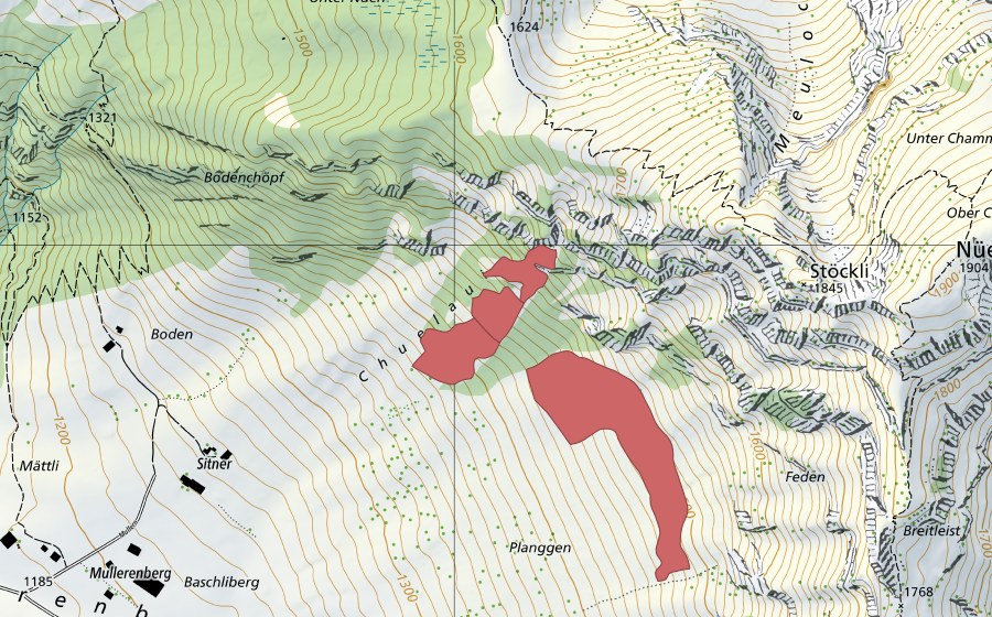 Carte nationale swisstopo avec le périmètre protégé de Mullerenplanggen (Prairie sèche)