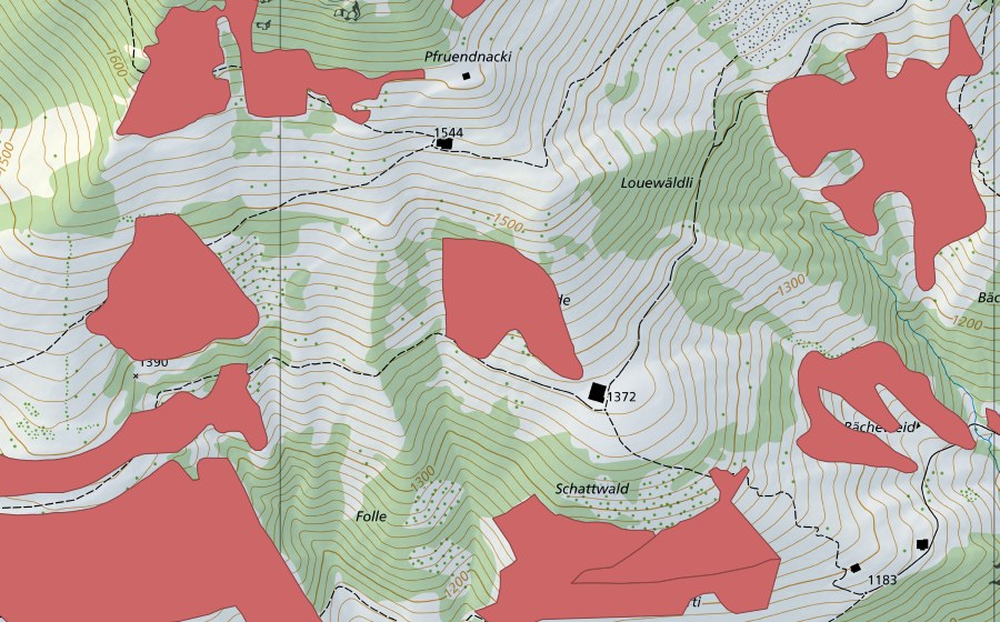 Landeskarte swisstopo mit dem Schutzperimeter von Müllersbode (Trockenwiese)