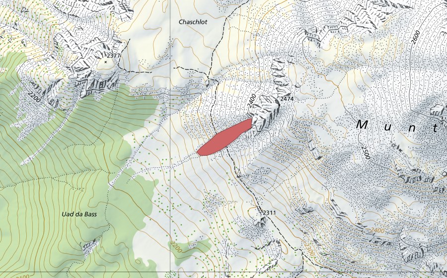 swisstopo national map showing the protected perimeter of Munt da la Bescha (Dry meadow)
