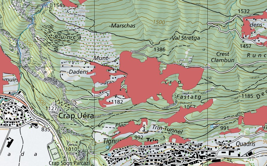 swisstopo national map showing the protected perimeter of Munt Sut (Dry meadow)