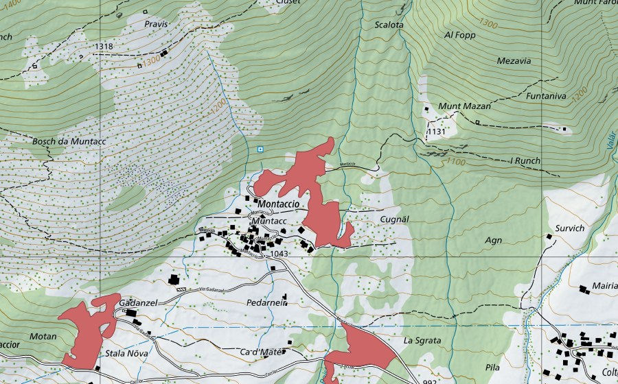 Landeskarte swisstopo mit dem Schutzperimeter von Muntac (Trockenwiese)