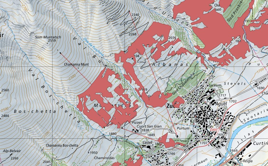 Carte nationale swisstopo avec le périmètre protégé de Muntatsch (Prairie sèche)