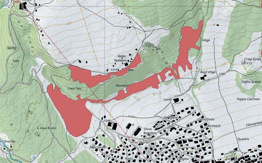 Carte nationale swisstopo avec le périmètre protégé de Muntatsch (Prairie sèche)