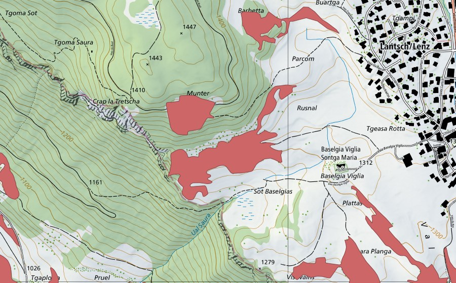 Carte nationale swisstopo avec le périmètre protégé de Munter (Prairie sèche)