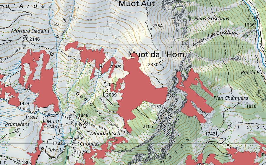 swisstopo national map showing the protected perimeter of Muntnaus (Dry meadow)
