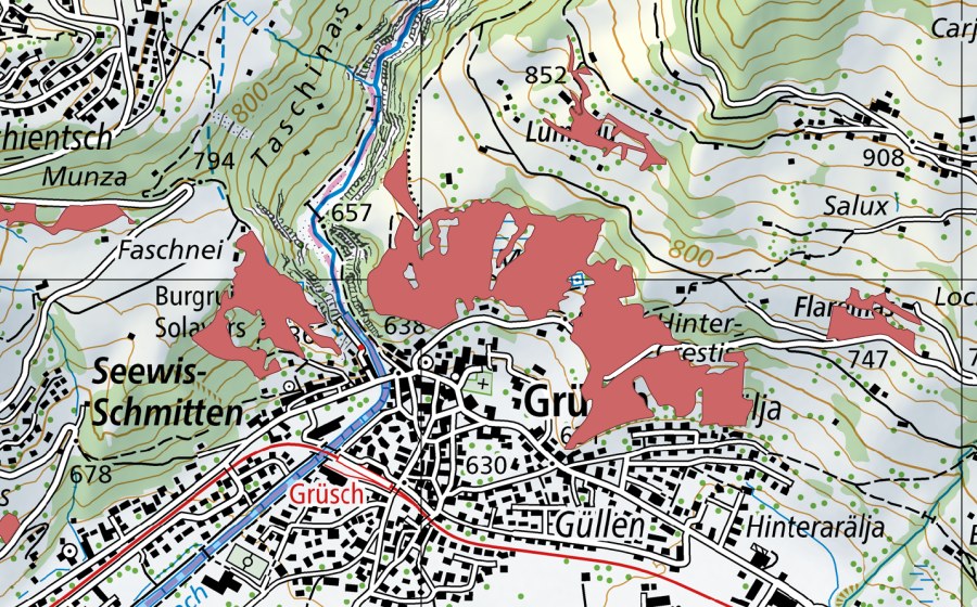 Carte nationale swisstopo avec le périmètre protégé de Munts (Prairie sèche)